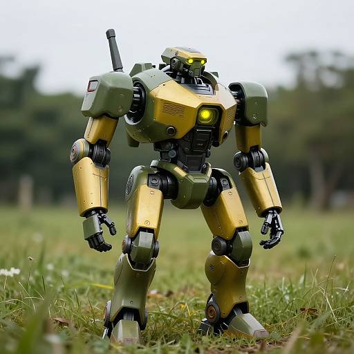 Photograph of a yellow and green robot with glowing yellow eyes standing in a grassy field, blurred trees in the background.