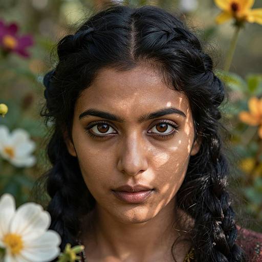 Close-up photograph of a young South Asian woman with dark curly hair, brown eyes, and medium brown skin, standing among colorful flowers, with sunlight casting