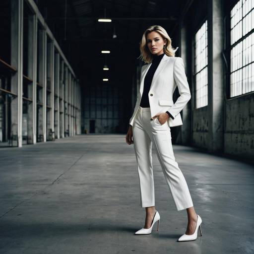 Woman in White Tailored Pantsuit in Industrial Warehouse