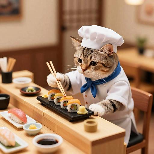 Tilt-Shift Miniature Sushi Chef Cat
