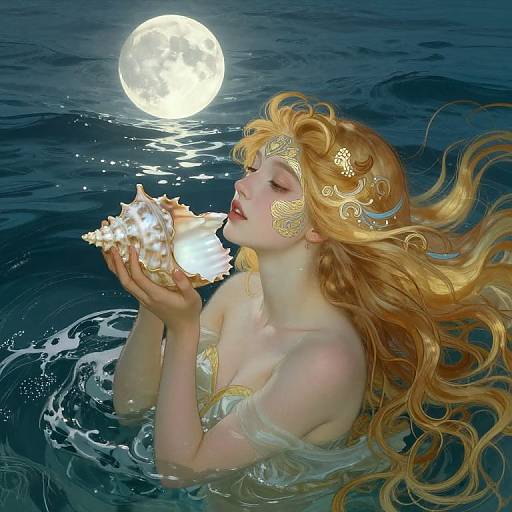 Digital art: Fair-skinned, blonde-haired woman with golden headpiece, topless, holding a large seashell, gazing at a glowing