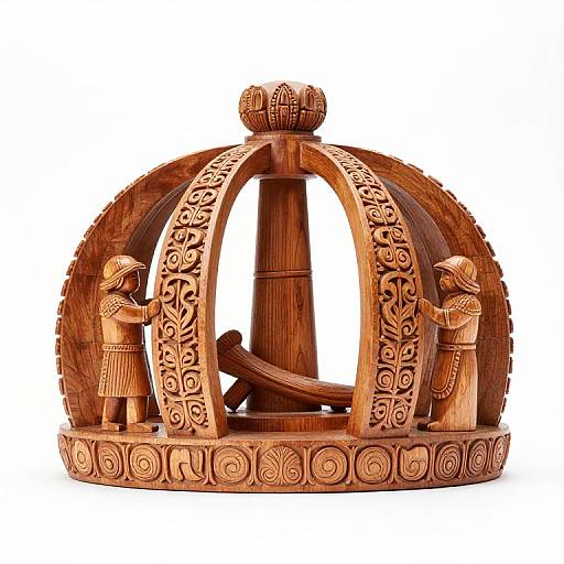 Photograph of an intricately carved, wooden royal crown featuring two standing, ornate human figures on either side, with a central bell.