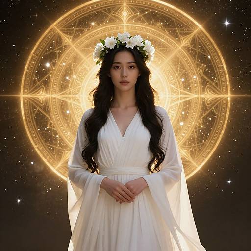 Photograph-like digital art of a serene Asian woman with long black hair, wearing a white dress and flower crown, standing in front of a glowing,
