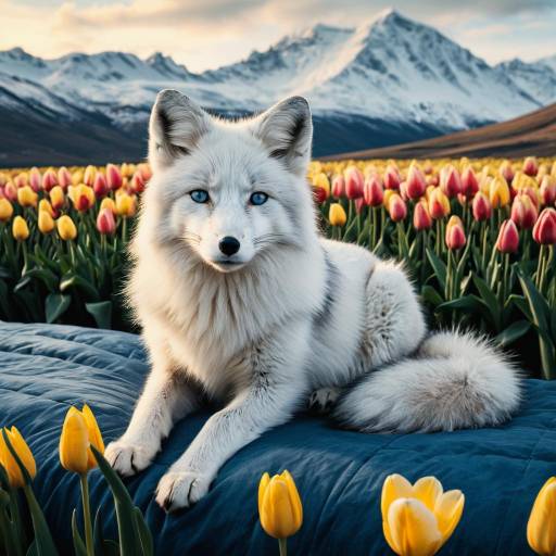 Arctic Fox in Tulip Field with Snowy Mountains