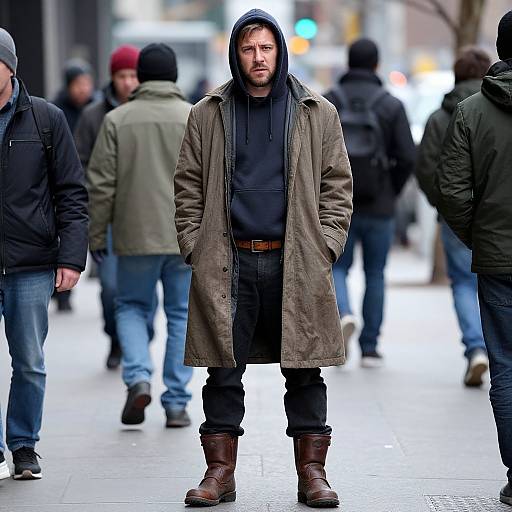Photograph of a bearded man with a serious expression, wearing a hooded coat, black hoodie, and brown boots, standing on a busy urban