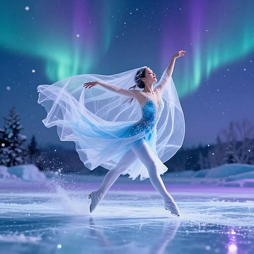 Elegant ballerina in a blue and white dress, dancing on a frozen lake under vibrant aurora borealis, with snow-covered trees in the