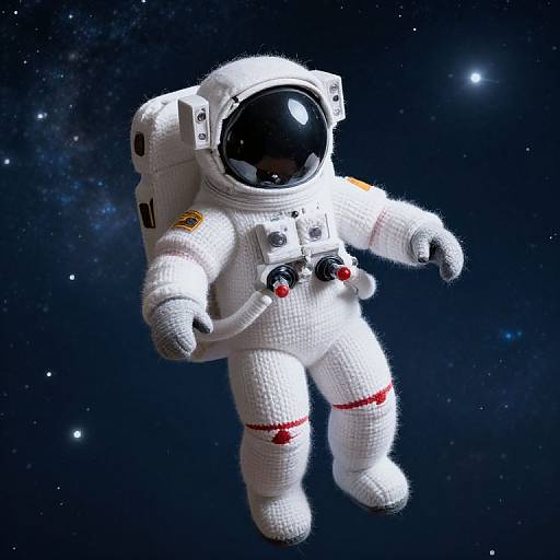 Photorealistic digital illustration of a textured, white astronaut suit with a black visor, floating in a starry, dark space background.