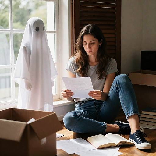 Woman Reading Papers by Window with Ghost Figure