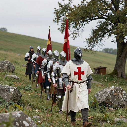 Medieval Knights Marching on Grassy Hillside