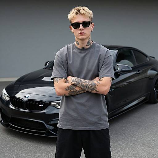 Blonde man with tattoos, black sunglasses, gray t-shirt, black pants, stands confidently in front of a glossy black BMW.