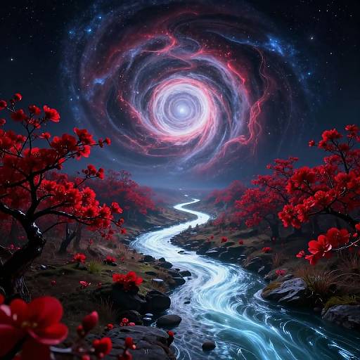 Digital artwork of a glowing, swirling galaxy above a luminous, winding river, flanked by vibrant red trees under a starry night sky.