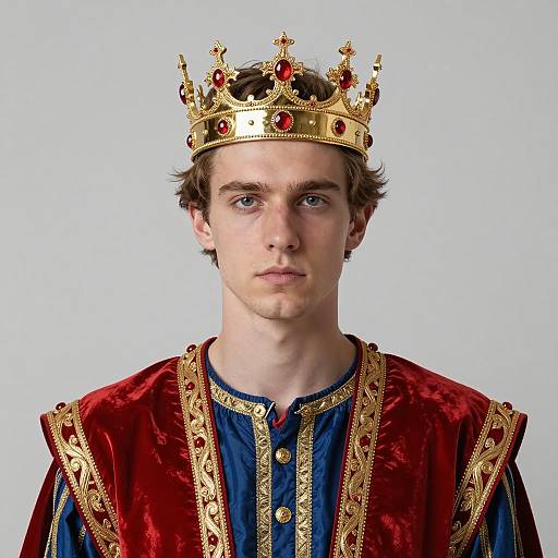Young Man in Regal Royal Costume with Gold Crown