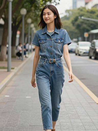 Young Woman Walking in Denim Outfit on City Sidewalk
