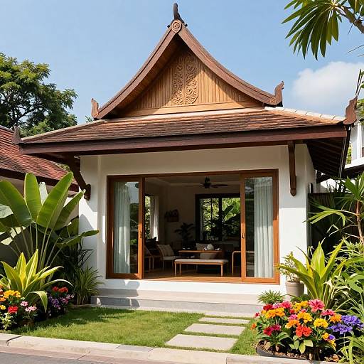 Photograph of a traditional Thai-style house with a pointed roof, white walls, wooden trim, lush garden, colorful flowers, and clear blue sky.