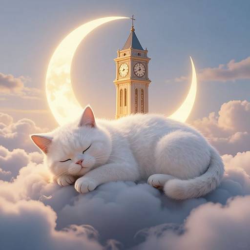Photorealistic digital artwork of a white cat sleeping on fluffy clouds with a glowing crescent moon and a clock tower in the background.