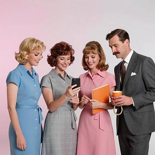 Vintage Style Group Looking at Smartphone