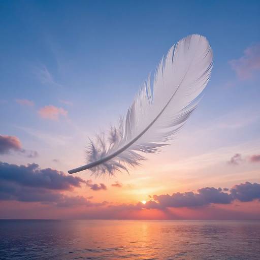 Photograph of a white feather floating against a vibrant sunset sky over a calm ocean, with colorful clouds and a glowing horizon.