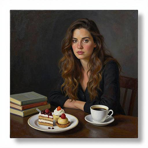 Photorealistic painting of a woman with long brown hair, black blouse, sitting at a wooden table with a cake, cup of coffee, and books