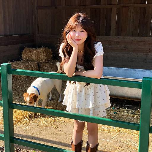 Joyful Woman in Floral Dress with Dog
