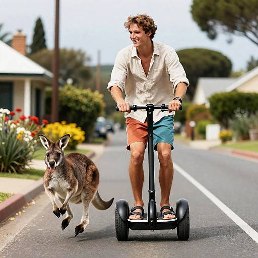 Young Man Riding Electric Unicycle with Wallaby in Village