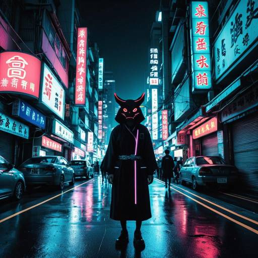 Cyberpunk Yokai in Neon-Lit Taipei Street