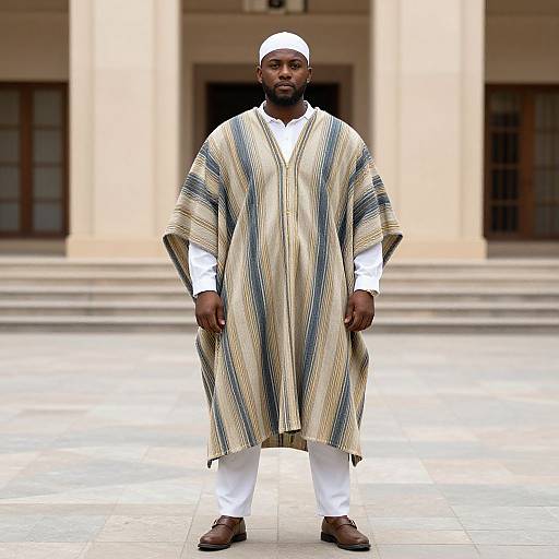 Photograph of a Black man with a beard, wearing a white cap, striped kaftan, white shirt, pants, and brown shoes, standing