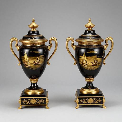 Photograph of two ornate, black and gold porcelain jardinières with ship motifs, gold handles, lids, and bases, standing against a