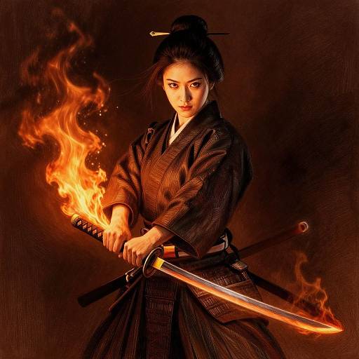 Digital artwork of an intense Asian woman in a black kimono, holding a flaming katana, with a fierce expression and dark, smoky background.
