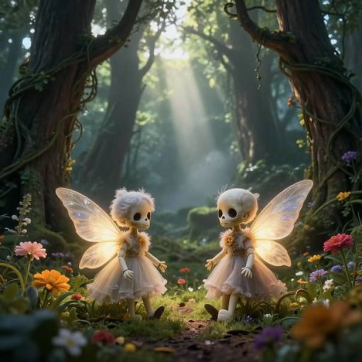 Digital art: Two glowing, fairy-like dolls with white fur, translucent wings, and floral dresses stand in a sunlit, enchanted forest filled with colorful
