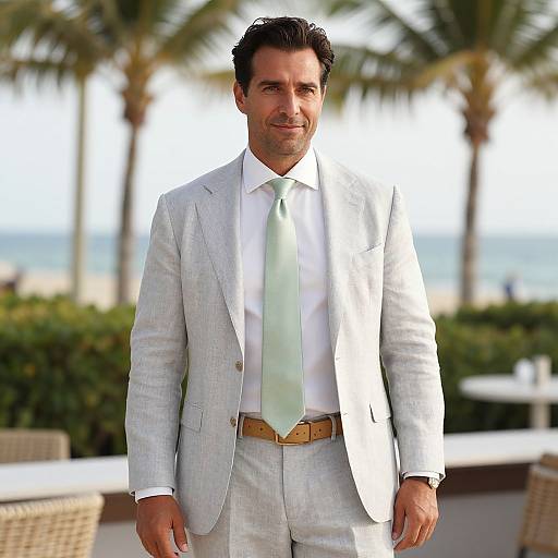 Photograph of a handsome man with dark hair, wearing a light gray suit, white shirt, and mint green tie, standing outdoors by palm trees and