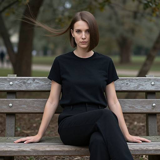 Photograph of a serious, fair-skinned woman with straight brown hair, wearing a black shirt and pants, sitting on a wooden bench in a park