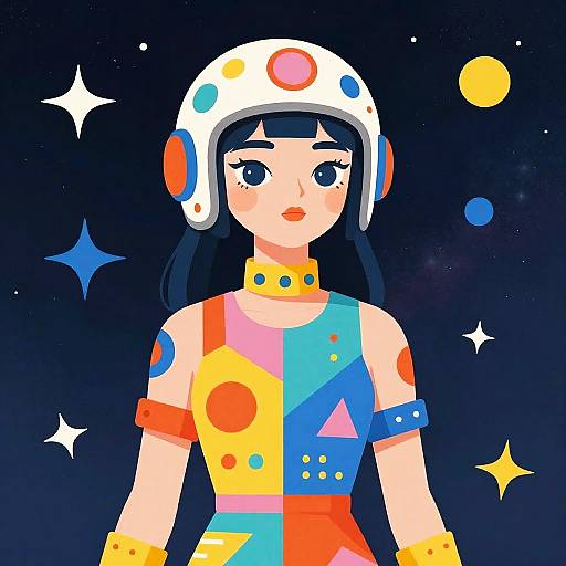 Bright, digital illustration of a woman with black hair, wearing a white helmet with colorful dots, multicolored geometric dress, and starry night background