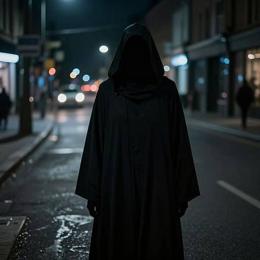 Photograph of a mysterious figure in a dark hooded cloak standing on a wet, illuminated nighttime street, with blurred city lights in the background.
