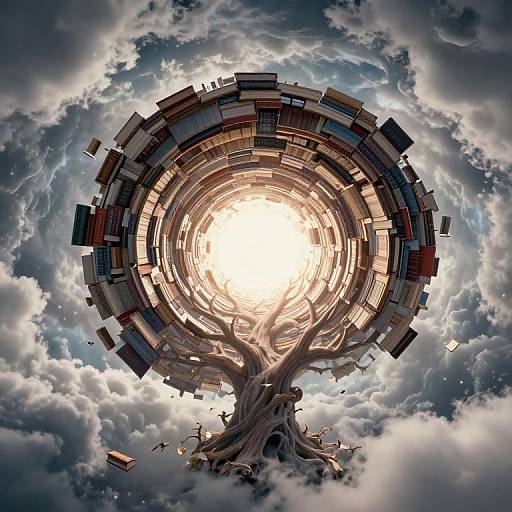 Digital art: A massive, glowing tree with a central luminous core, surrounded by floating books, set against a dramatic cloudy sky.