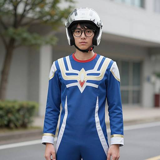 Photograph of an Asian man with glasses, black bob haircut, wearing a blue superhero costume with white and yellow accents, and a silver helmet, standing