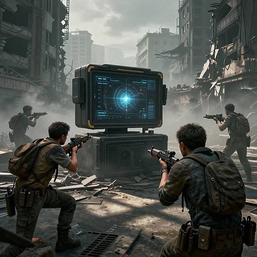 Digital art of three soldiers in a ruined, smoky urban battlefield aiming at a holographic blue target screen amidst destroyed buildings.