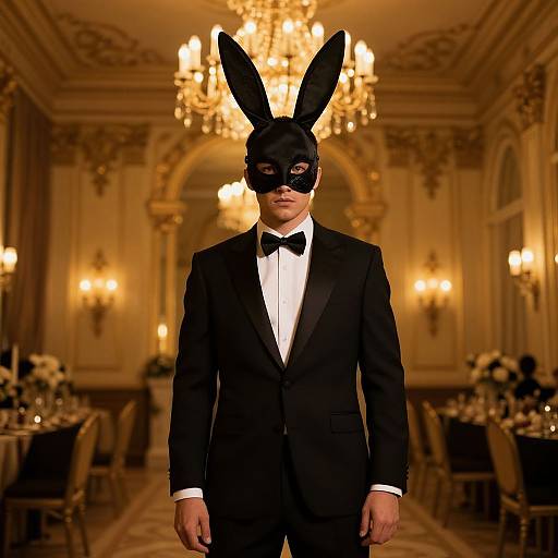 Photograph of a man in a black tuxedo, black bow tie, black mask with bunny ears, standing in an opulent, golden-l