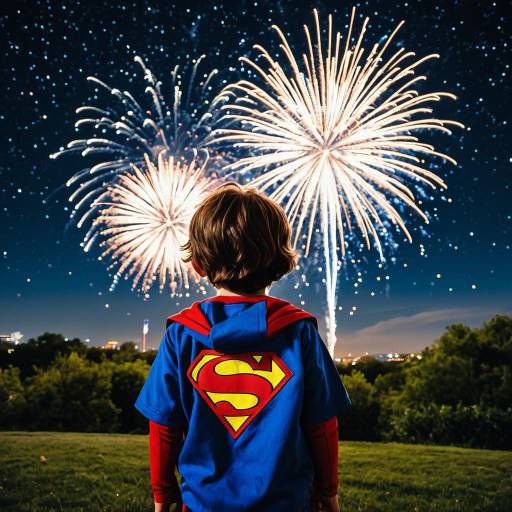 Child in Superman Costume Watching Fireworks