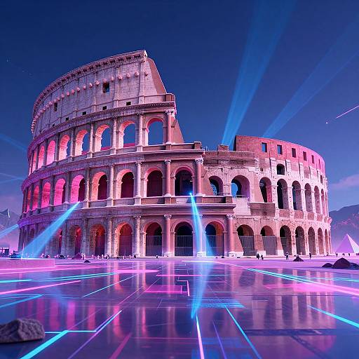 Photograph of the Colosseum at night, illuminated with pink and blue laser lights, creating a vibrant, futuristic effect against a dark sky.