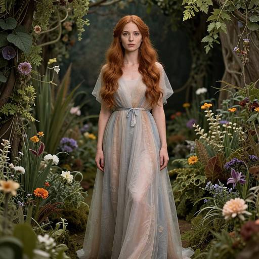 Photograph of a red-haired woman with long, wavy hair in a sheer, pastel-colored dress standing in a lush, vibrant garden filled with
