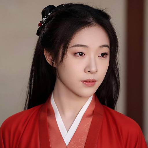 Photograph of an East Asian woman with long black hair in a traditional red kimono, white inner robe, and black hairpin, with a neutral