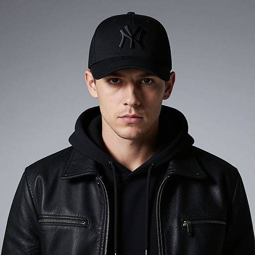 Photograph of a young white man with fair skin, wearing a black New York Yankees cap, black leather jacket, and black hoodie, against a gradient