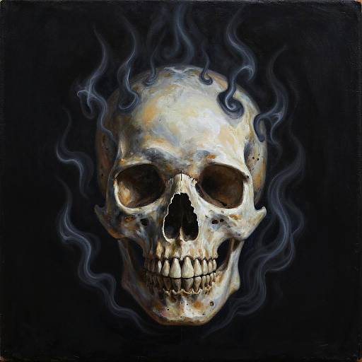 Digital painting of a glowing, eerie skull with blue-gray smoke tendrils against a black background, highlighting skull's detailed teeth and hollow eyes.