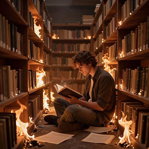 Man Reading in Fiery Library
