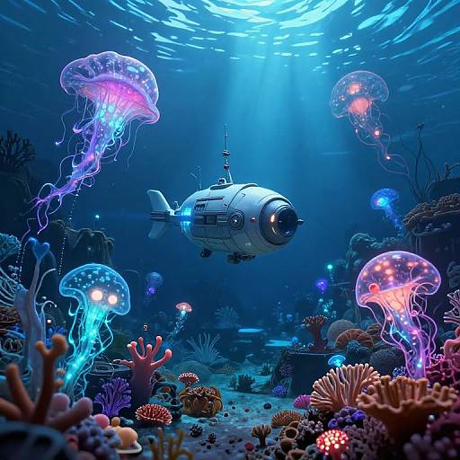 Photorealistic digital artwork of a glowing jellyfish-filled underwater scene with a futuristic, white, submarine-like robot floating amid vibrant corals and biolum