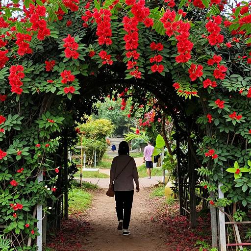 Photograph of a person with a backpack walking through a vibrant red-flowered archway, surrounded by lush greenery, with two other figures in the
