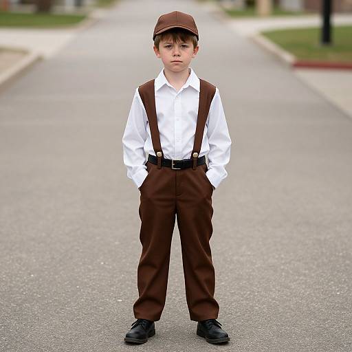 Photograph of a young boy with fair skin and brown hair, wearing a brown cap, white shirt, brown suspenders, and brown pants, standing