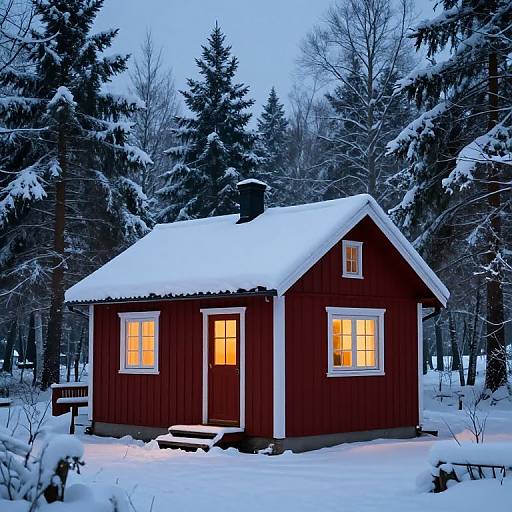 Photograph of a red wooden cabin with glowing yellow windows, surrounded by snow-covered trees in a winter forest at dusk.
