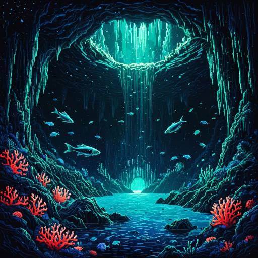 Ghostly Underwater Cavern with Bioluminescent Fish