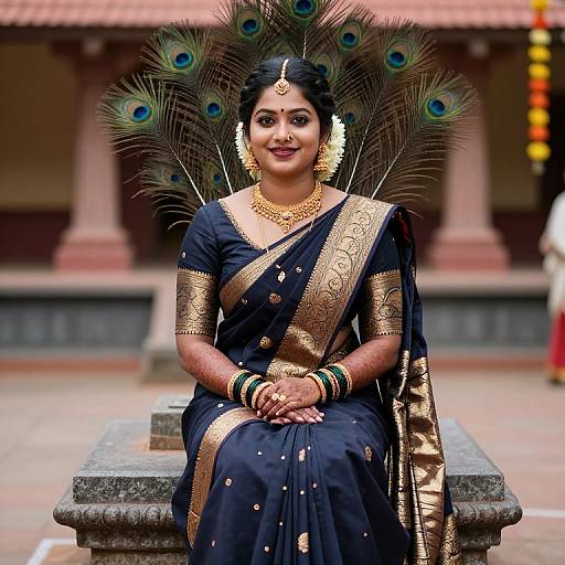 Photograph of an Indian bride in a black and gold saree, adorned with peacock feather headpiece, gold jewelry, and bangles, sitting